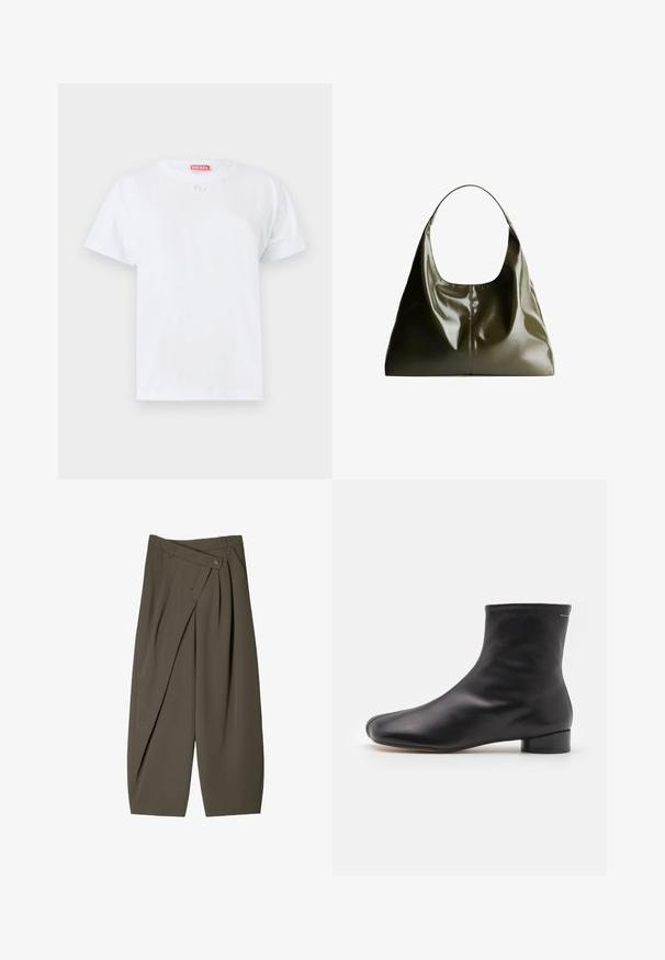 Világosszürke kötött, hosszú ujjú pulóver ribbelt aljjal és mandzsettákkal, V-alakú nyakkivágással és laza szabással.; Fehér pamut póló rövid ujjakkal, kerek nyakkal és egy kis logóval a mellkason. Egyszerű dizájn, sima textúra és egyenes szegés.; Széles szabású sötét olívazöld nadrág, pleated elülső kialakítással, gombos záródással és fényes, texturált felülettel.; MM6 Maison Margiela BOOT - Klasszikus bokacsizmák - black; Olíva zöld bőrtáska, sima, fényes felülettel. Kerek tetejű és puha, lazán hullámos formájú. Minimalista dizájn.
