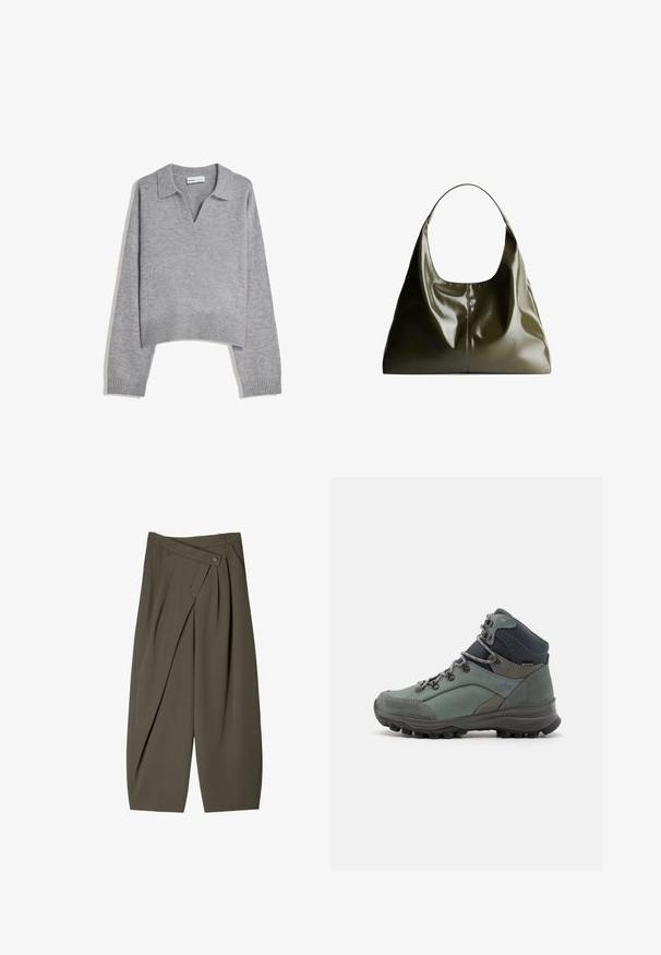 Svijetlosiva pletena dugorukava majica s rebrastim rubom i manžetama, koja ima V-izrez i opušteni kroj.; Široke hlače od tamno maslinaste tkanine, s naboranim prednjim dijelom, kopčanjem na gumb i sjajnom, teksturiranom površinom.; Zelene planinarske cipele s sivim detaljima i crnim gumiranim potplatom. Karakteristike uključuju podstavljeni okovratnik, okrugle vezice i teksturirani gornji deo.; Maslinasto zelena kožna torba za rame s glatkom, sjajnom površinom. Ima zaobljen vrh i mekan, drapirani oblik. Minimalistički dizajn.