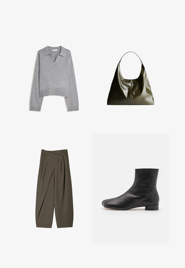 Világosszürke kötött, hosszú ujjú pulóver ribbelt aljjal és mandzsettákkal, V-alakú nyakkivágással és laza szabással.; Széles szabású sötét olívazöld nadrág, pleated elülső kialakítással, gombos záródással és fényes, texturált felülettel.; MM6 Maison Margiela BOOT - Klasszikus bokacsizmák - black; Olíva zöld bőrtáska, sima, fényes felülettel. Kerek tetejű és puha, lazán hullámos formájú. Minimalista dizájn.