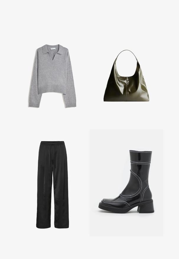 Svetlo sivi pleteni pulover z dolgimi rokavi, z ribanim robom in manšetami, z V-izrezom in ohlapnim krojem.; Črne široke hlače iz gladkega, sijočega materiala. Imajo elastičen pas z vrvico za prilagodljivo nošenje.; Črne lakirane gležnjarje z belim šivom, okroglo konico in blok peto. Imajo ukrivljene oblikovne črte in gladko teksturo.; Olivno zelena usnjena torba za rame z gladkim, sijočim zaključkom. Ima zaobljen vrh in mehak, obačen oblik. Minimalističen dizajn.
