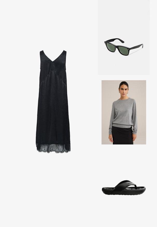 Suéter gris hecho de un material de punto suave, con cuello redondo, puños acanalados y un corte relajado. Combinado con una falda negra.; Vestido negro sin mangas con escote en V, tejido texturizado y detalle de encaje en el dobladillo. Presenta un detalle de costura en diagonal.; Chancla negra con plantilla texturizada, suela gruesa y diseño de tira en forma de Y. Fabricada en material de goma duradero.; Gafas de sol de plástico negro con lentes verdes, montura cuadrada, acento plateado en la ceja y brazos texturizados. Marca indicada en el brazo interno.; Pulsera bangle de resina negra con una superficie lisa y brillante y bordes redondeados. Presenta un pequeño logo dorado "Pilgrim" en el interior.