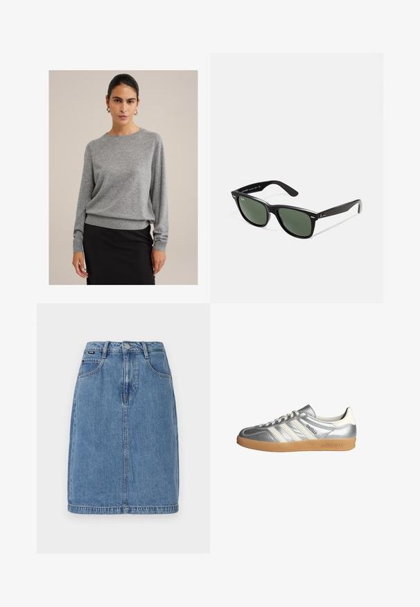 Szary sweter wykonany z miękkiego dzianiny, z okrągłym dekoltem, prążkowanymi mankietami i luźnym krojem. W zestawieniu z czarną spódnicą.; Jasnoniebieska spódnica dżinsowa w prostym kroju, z pięcioma kieszeniami, paskiem i zapięciem na guzik z przodu, z widocznymi detalami przeszycia.; Srebrne sneakersy z białymi akcentami, z trzema paskami, zaokrąglonym noskiem i gumową podeszwą. Teksturowany metaliczny materiał.; Czarne plastikowe okulary przeciwsłoneczne z zielonymi szkłami, kwadratowe oprawki, srebrny akcent na brwi oraz fakturowane ramiona temple. Nazwa marki podana na wewnętrznej stronie ramion.; Czarna bransoletka z żywicy z gładką, błyszczącą powierzchnią i zaokrąglonymi krawędziami. Posiada małe złote logo "Pilgrim" na wewnętrznej stronie.