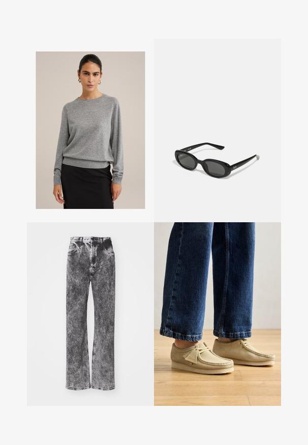 Hallitus halli kampsun pehmest kudumist, ümar kaelus, soonikkoesed ja lõdva istuvus. Kombineeritud musta seelikuga.; Kõrge vöökohaga, laia säärega teksad musta ja halli häguse värvusega, viie tasku ja kontrastse õmblusega hemmi ääres.; Beige sametjalatsid ümarate varvaste ja madala profiiliga. Omavad seotud disaini ja õmbluse aktsente. Kandmiseks lühendatud siniste teksadega.; Mustad mustad prillid ovaalsete läätsedega, läikivast plastikust raam ja peenikesed varsid. Küljel on Ray-Ban logo valget värvi.; Must maagussõrmus mustast vaigust, mille pind on sile ja läikiv ning servad ümarad. Sisel küljel on väike kullavärvi "Pilgrim" logo.