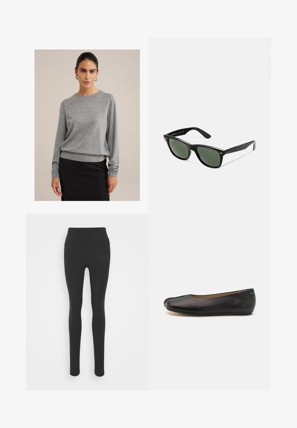 Szary sweter wykonany z miękkiego dzianiny, z okrągłym dekoltem, prążkowanymi mankietami i luźnym krojem. W zestawieniu z czarną spódnicą.; Czarne legginsy z wysokim stanem, wykonane z gładkiego, elastycznego materiału. Charakteryzują się dopasowanym krojem i pełną długością nogawek.; Czarne skórzane baleriny z zaokrąglonym noskiem, gładką teksturą, niskim profilem i minimalistycznym designem, z delikatnym detalem szycia.; Czarne plastikowe okulary przeciwsłoneczne z zielonymi szkłami, kwadratowe oprawki, srebrny akcent na brwi oraz fakturowane ramiona temple. Nazwa marki podana na wewnętrznej stronie ramion.; Liebeskind Berlin KAYLA czarny; Srebrny naszyjnik z łańcuszka z centralnym, ośmiokątnym, ciemnobrązowym kamieniem tygrysiego oka o gładkiej powierzchni. Kamień jest lekko błyszczący.