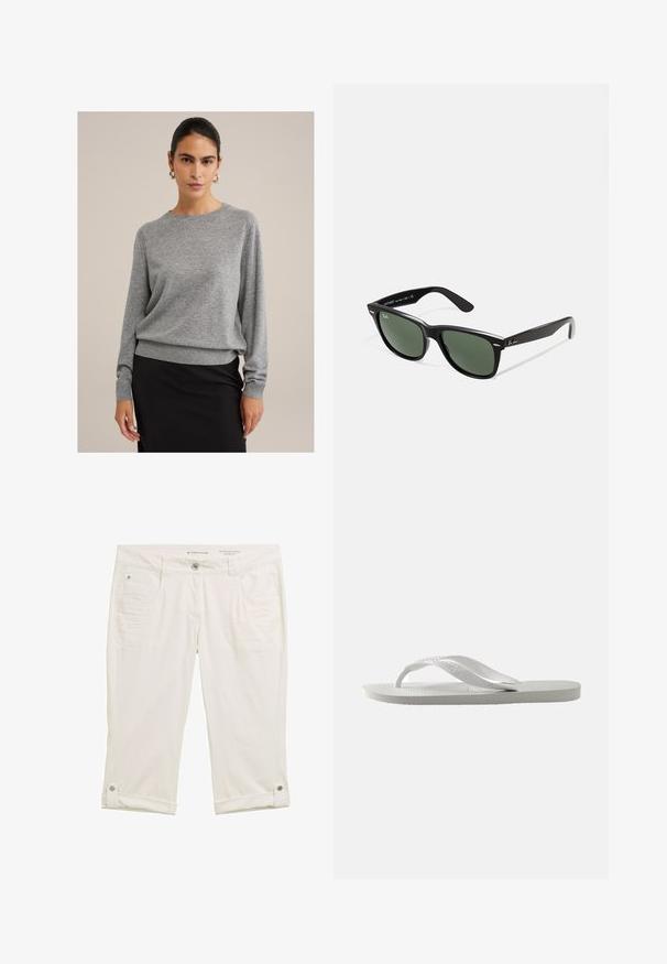 Suéter gris hecho de un material de punto suave, con cuello redondo, puños acanalados y un corte relajado. Combinado con una falda negra.; Pantalones blancos de 3/4 de longitud con una tela ligeramente texturizada. Presenta bolsillos frontales, un cierre de botón y dobladillos enrollados asegurados con snaps.; Chanclas blancas con suela texturizada y dos tiras delgadas. Las tiras son suaves y presentan un sutil logotipo. Sin patrones ni acentos adicionales.; Gafas de sol de plástico negro con lentes verdes, montura cuadrada, acento plateado en la ceja y brazos texturizados. Marca indicada en el brazo interno.; Pulsera bangle de resina negra con una superficie lisa y brillante y bordes redondeados. Presenta un pequeño logo dorado "Pilgrim" en el interior.