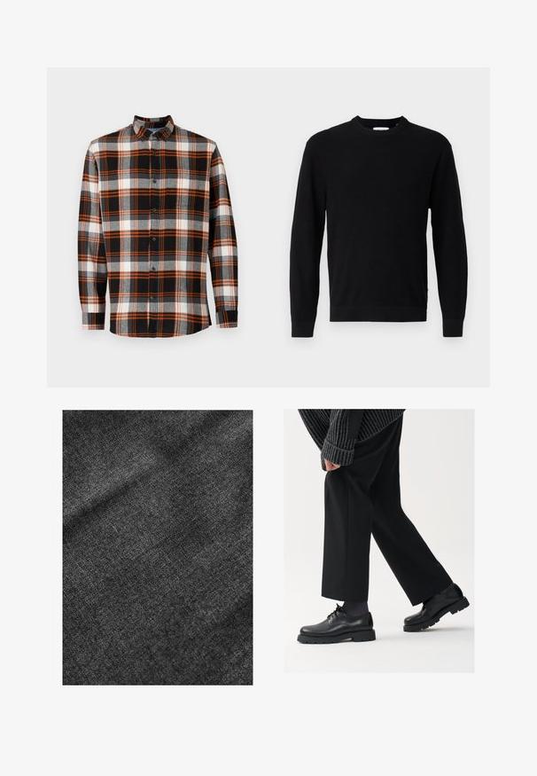 Zwarte gebreide trui met een ronde halslijn, lange mouwen en een ribbelstructuur. Heeft een rechte zoom en een minimalistisch ontwerp.; Zwart- en grijsgeruite shirt met oranje accenten, lange mouwen en een button-down kraag. Voorzien van een borstzak en een stofstructuur.; Geweven zwarte stof met een zachte, licht glanzende oppervlakte, die een subtiel weefpatroon en een soepele val vertoont.; Zwarte leren schoenen met een afgeronde neus, vetersluiting en een dikke, getextureerde zool. Draagt een gepaste zwarte broek en een geribbelde trui.