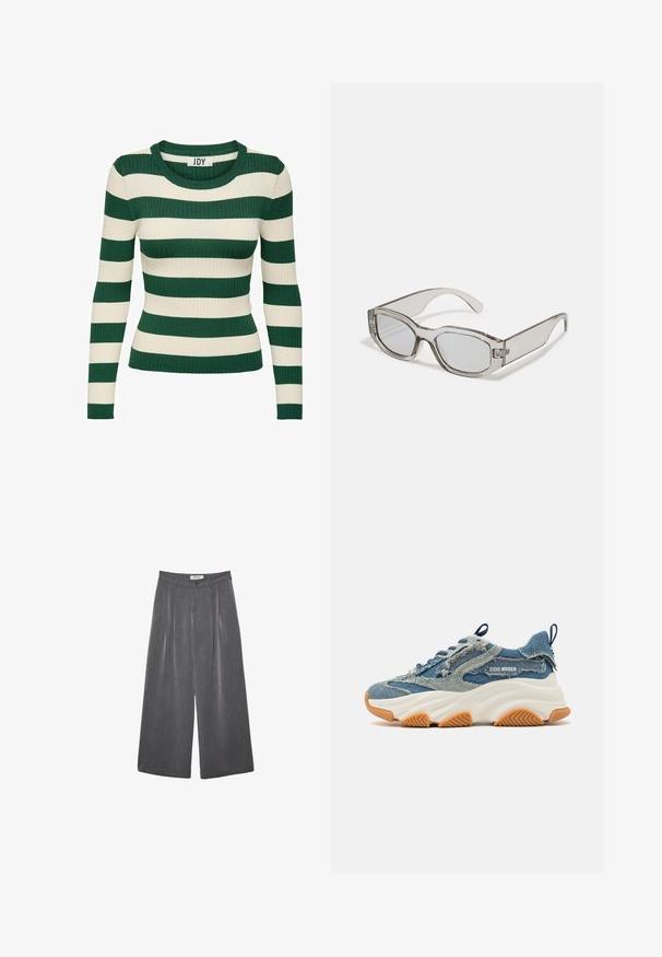 Green and cream striped, ribbed long-sleeve sweater with a round neckline and fitted shape, featuring contrasting knit texture.; Pleated wide-leg trousers in a dark gray fabric with a subtle texture. Features a button closure and a classic waistband design.; Denim sneaker featuring a layered blue design, frayed accents, a white chunky sole, and a rubber brown outsole for grip.; Gray translucent sunglasses with a rectangular shape, flat lenses, and thick arms. Features a subtle hinge detail on the temples.