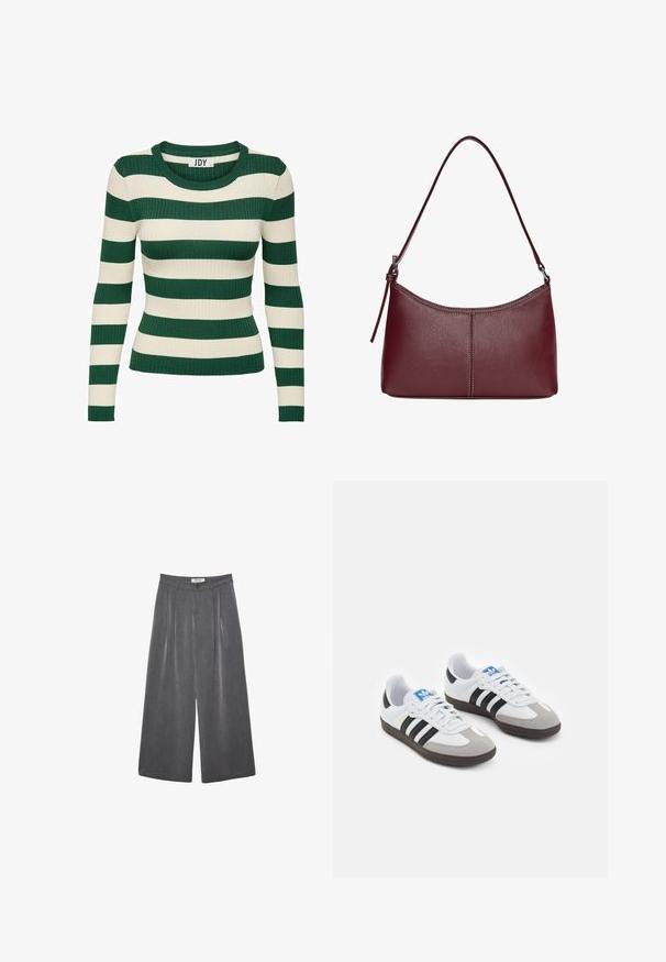 Zeleni i kremasti prugasti, rebrasti džemper dugih rukava s okruglim izrezom i prilagođenim oblikom, s kontrastnom teksturom pletenja.; Dugi hlače širokog kroja s plitkim naborima u tamnosivoj tkanini s suptilnom teksturom. Sadrže zatvaranje na gumba i klasičan dizajn struka.; Sportske cipele s gornjištem od bijele kože, sivi suedinasti nos i tri crne pruge. Imaju plavi logo na jeziku i teksturiranu gumenu podlogu.; Bordo kožna torba s zakrivljenim oblikom, jednim remenom za rame i šivenim detaljima na sredini. Glatka tekstura, minimalni dodaci.
