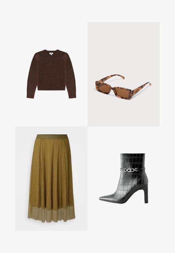 Tricot marron avec un col rond et des manches longues. Texture douce, design court, sans motifs visibles ni détails matériels.; Jupe plissée de couleur vert olive avec une taille solide et une couche inférieure translucide. Présente des plis verticaux sur toute sa longueur.; Botte de cheville en simili-cuir crocodile noir avec bout pointu, talon haut et accent en chaîne argentée autour de la cheville. Texture lisse et design élégant.; Lunettes de soleil en écaille de tortue avec des verres rectangulaires marron, une monture épaisse et des branches fines présentant un motif de nuances variées de marron.; Boucles d'oreilles en argent avec une finition lisse et polie. Forme ronde et fermeture à clip sécurisée. Design léger adapté pour un port quotidien.