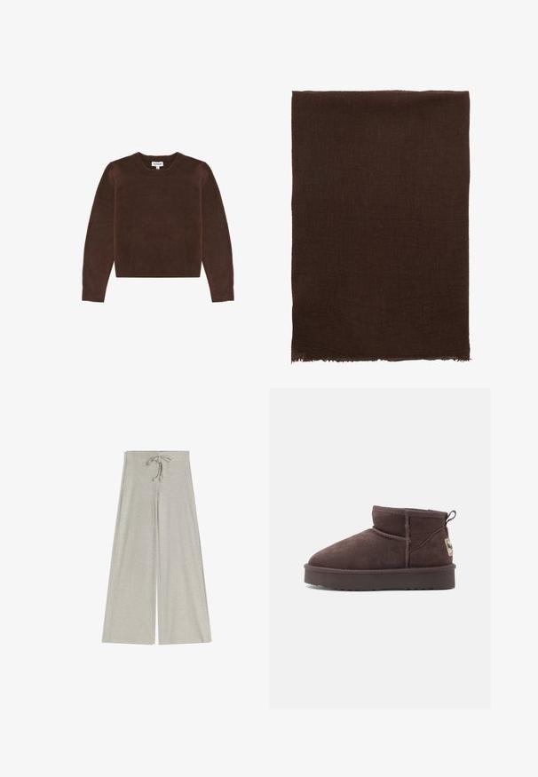 Brauner Strickpullover mit Rundhalsausschnitt und langen Ärmeln. Weiche Textur, cropped Design und keine sichtbaren Muster oder Hardware-Details.; Weite, gerippte Hose in hellgrau mit einem Kordelzugbund. Hergestellt aus weichem Material, mit einer strukturierten Oberfläche und einer fließenden Silhouette.; Braune Wildleder-Stiefelette mit runder Zehenform, minimalen Nähten und einer strukturierten Gummisohle. Mit einer kleinen Zuglasche hinten und einem Markenlabel.; Braune rechteckige Decke aus strukturiertem Stoff mit ausgefransten Rändern. Einheitliche Farbe mit einem dezenten Webmuster. Weiche und warme Ausstrahlung.; Schwarze weiche Leder-Schultertasche mit goldener Kettenriemen, Ziehseiten mit goldenen Perlen und "Pepe Jeans London"-Logo in Gold.