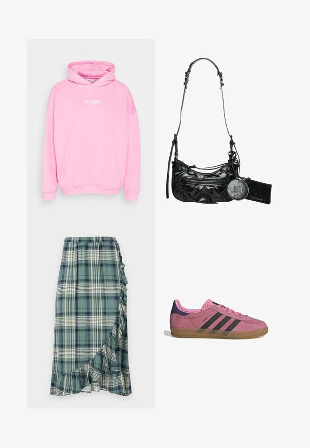 Rožinė gobtuvinė maikutė su priekiu kišene, ant kurios yra užrašas "OFF LIMITS" baltomis raidėmis. Su raibomis rankovėmis ir apatine dalimi, pagaminta iš minkštos medžiagos.; Žalia ir jūrinės spalvos languota sijonas, su volaniniu apvadu ir elastinga juosmeniu. Medžiaga yra lygi su įvairiais languotais raštais.; Rožiniai suediniai sportbačiai su juodomis juostelėmis, gumos padas ir tekstūruotas purpurinis kulnas. Yra šnarančios auselės ir įspaustas prekės ženklas šone.; Juodas sintetinis oda rankinukas su kreiviu dizainu, užtrauktuku užsegama priekinė kišenė ir dekoratyvine aparatūra bei nuimamu apvaliu monetų laikikliu.