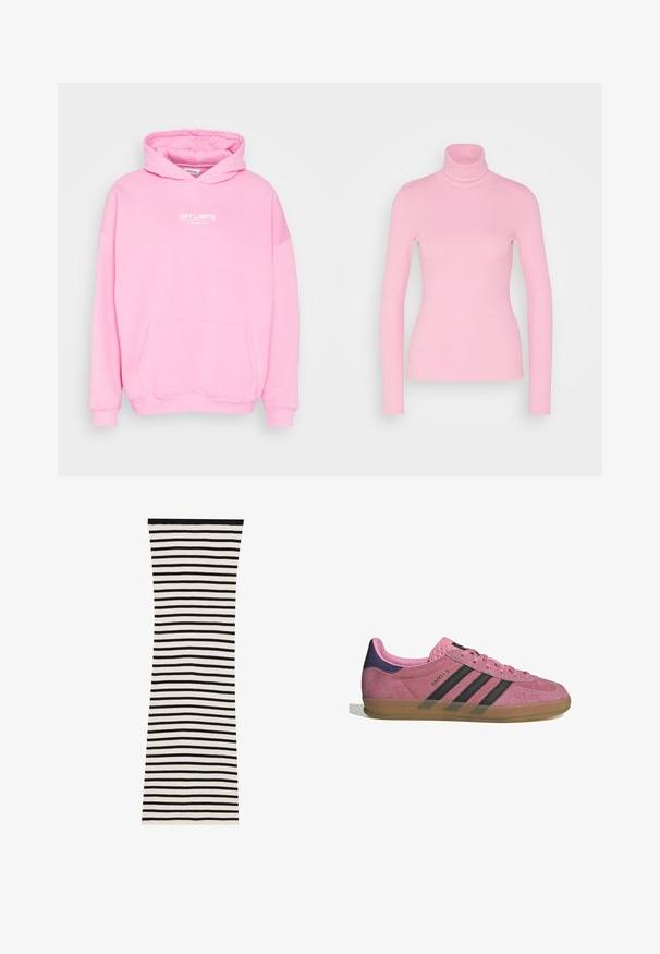 Sweatshirt à capuche rose avec une poche frontale, arborant le texte "HORS LIMITES" en blanc. Manches et ourlet côtelés, fabriqué en tissu doux.; Even&Odd T-shirt à manches longues - pink; Robe côtelée à rayures noires et blanches avec une coupe ajustée, présentant des rayures horizontales et un col noir uni.; Baskets en suède rose avec des rayures noires, semelle en gomme et talon en velours violet texturé. Présente un design à lacets et un logo embossé sur le côté.