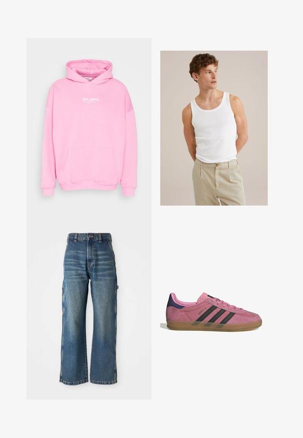 Rosa huvtröja med en framficka, med texten "OFF LIMITS" i vitt. Stickade muddar och nederkant, tillverkad av mjukt tyg.; Vit bomullstopp med rund halsringning och breda axelband, tillsammans med ljusbeiga byxor med knapp och veck.; Jeans med vida ben i ljusblått med en urtvättad finish, med hög midja, bältesöglor och sidofickor. Synliga sömnadsdetaljer.; Rosa mockasnöre med svarta ränder, gummsula och texturerad lila häl. Har en snörningsdesign och prägling på sidan.