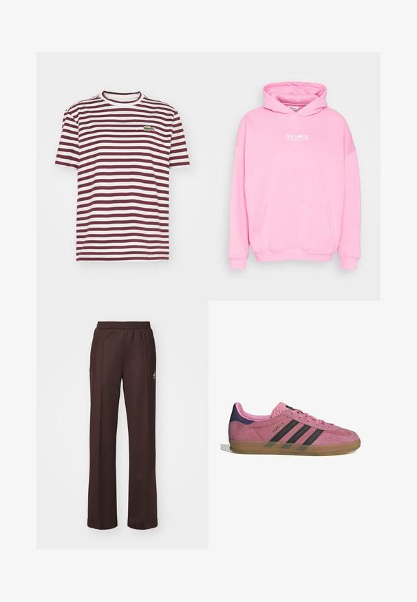 Różowa bluza z kapturem i przednią kieszenią, z napisem "OFF LIMITS" w kolorze białym. Ribbowane mankiety i dół, wykonana z miękkiego materiału.; Lacoste - T-shirt z nadrukiem; Brązowe spodnie sportowe z elastycznym pasem, dwoma bocznymi kieszeniami i małym logo po lewej stronie, wykonane z miękkiego materiału.; Różowe zamszowe sneakersy z czarnymi paskami, gumową podeszwą i teksturowanym fioletowym piętą. Posiadają sznurowany design oraz wytłoczone logo na boku.