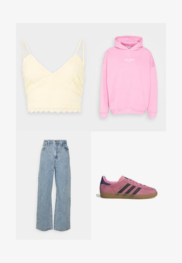 Sudadera con capucha rosa y un bolsillo frontal, con el texto "OFF LIMITS" en blanco. Puños y dobladillo acanalados, hecha de una tela suave.; Sujetador de encaje amarillo con diseño de escote en V, tirantes ajustables, patrones texturizados y dobladillo con forma de ondas.; Jeans de mezclilla de pierna ancha en azul claro con cintura alta, cierre de botón frontal, cremallera y diseño de cinco bolsillos sobre fondo liso.; Zapatilla de ante rosa con rayas negras, suela de goma y talón texturizado púrpura. Cuenta con un diseño de cordones y una marca grabada en el lateral.