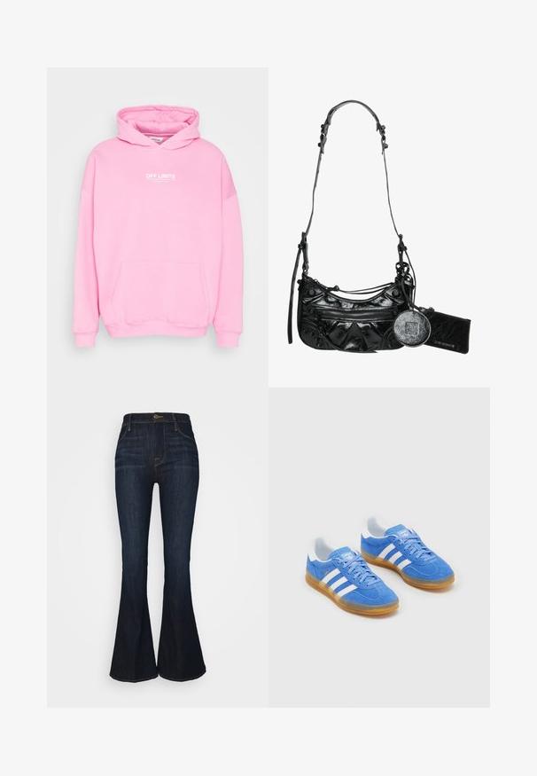 Rosa hettegenser med frontlomme, med teksten "OFF LIMITS" i hvitt. Ribbestrikkede mansjetter og kant, laget av myk stoff.; FRAME LE PIXIE HIGH FLARE - Flared jeans - sutherland; Blå mockaskinn sportssko med hvite striper, gummisåle og polstret krage for komfort. Har klassisk snøring.; Svart syntetisk skinnhåndveske som har et buet design, glidelås foran lomme og dekorativt maskinvare med en avtakbar, rund myntlomme.