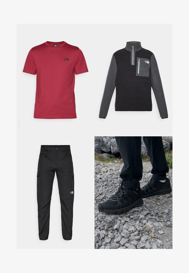 Fleece pullover in black and gray, quarter-zip design, high collar, chest pocket with zipper, soft texture, and logo on pocket.; The North Face M SS SIMPLE DOME TEE - Sports T-shirt - beetroot; The North Face HORIZON PANT - Outdoor trousers - black; Black outdoor shoes with mesh and synthetic material, featuring a textured upper, secured lacing system, and a rugged outsole, on rocky terrain.