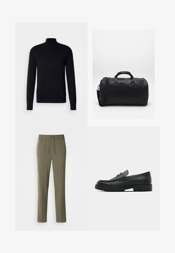 Melnas turtleneck džemperis, kas izgatavots no mīksta auduma. Tam ir garas piedurknes, ribota apkakle un aproces, ar gludu tekstūru un bez rakstiem.; Olīvu zaļas, vieglas bikses ar elastīgu jostasvietu un regulējamu auklu; taisnas kājas dizains un gluda tekstūra.; Melnas ādas loafers ar noapaļotu purngalu, ar izšūtu dizainu, zemu platformas zoli un teksturētu, rievotu gumijas ārējo zoli.; Melna sporta soma, izgatavota no teksturēta sintētiska materiāla. Iekļauj divas rokturus un regulējamu plecu siksnu. Vienkāršs dizains bez redzamām rakstu zīmēm.