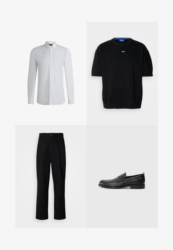 Zwarte trui met korte mouwen, gemaakt van zachte breigoed, met een ronde hals en een klein blauw "HUGO" logo op de borst.; Witte lange mouwen shirt met een kraag met knopen, met een zachte textuur, rechte snit en subtiele details langs de voorkant van de knoopsluiting.; Zwarte rechte broek met een knoopsluiting, lusjes voor een riem en een voornaad, gepresenteerd tegen een effen witte achtergrond.; Zwarte leren instappers met een textuur aan de voorkant en gladde zijden. Voorzien van een slanke hak en een lus aan de achterkant voor gemakkelijk aan- en uittrekken. Klassiek ontwerp.