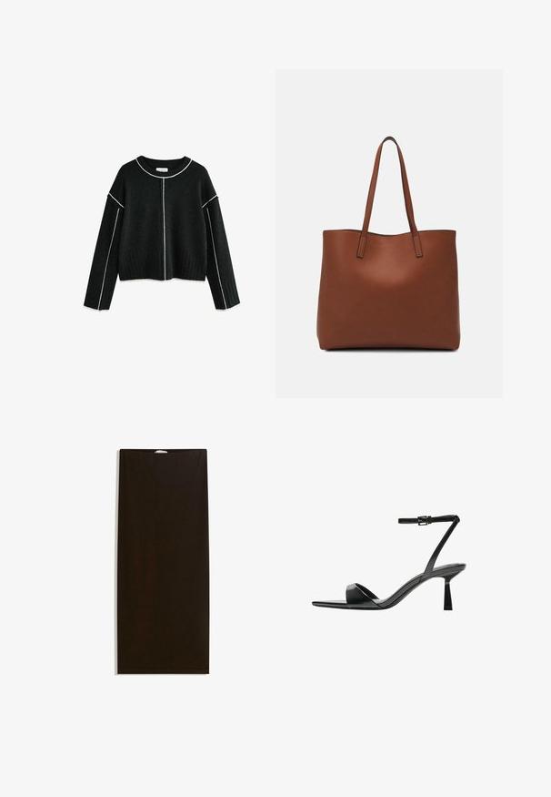 Mustassa neulepuserossa on ribattu helma ja hihat, ja siinä on valkoista kontrastiväristä ommeltua reunusta kaula-aukolla ja hartioilla. Lyhyt malli.; Musta kangaskuusimus suora leikkaus, sileä rakenne ja piilossa oleva vyötärö, ilman lisäkuvioita tai varusteita.; Bershka Korolliset sandaalit - black; Ruskea nahkainen olkalaukku, jossa on sileä pinta, avoin yläosa ja kaksi olkahihnaa. Omaavat vain minimaalisen ompelun eikä näkyvää metalliosaa.