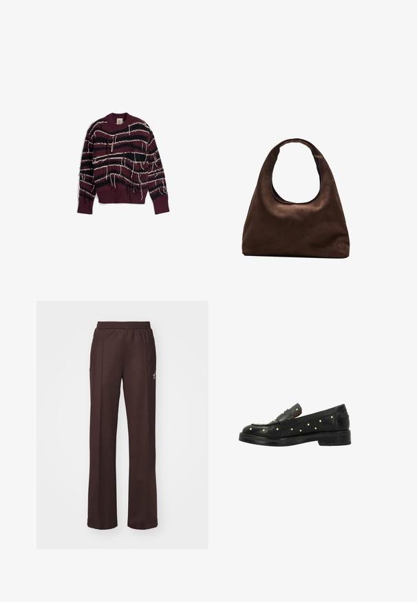 Bordeauxkleurige gebreide trui met zwart-witte horizontale strepen, met rafelige randen en een geribde halslijn en zoom.; Bruine sportieve broek met een elastische tailleband, twee zijzakken en een klein logo aan de linkerzijde, gemaakt van een zachte stof.; Zwarte leren instappers met gespikkelende accenten, voorzien van een lage hak en een geweven ontwerp op de bovenkant, een gladde textuur en een ronde neus.; Zachte bruine hobo-stijl handtas met een enkele brede schouderband en een gebogen opening aan de bovenkant, weergegeven op een witte achtergrond.