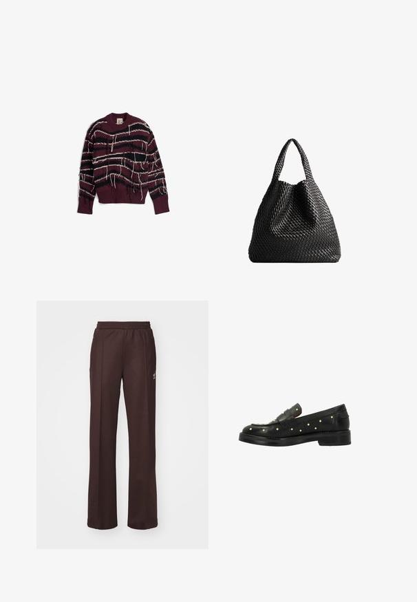 Bordeauxkleurige gebreide trui met zwart-witte horizontale strepen, met rafelige randen en een geribde halslijn en zoom.; Bruine sportieve broek met een elastische tailleband, twee zijzakken en een klein logo aan de linkerzijde, gemaakt van een zachte stof.; Zwarte leren instappers met gespikkelende accenten, voorzien van een lage hak en een geweven ontwerp op de bovenkant, een gladde textuur en een ronde neus.; Zwarte geweven tote bag met twee handvatten. Zachte textuur, slungelige vorm en een grote, ronde vorm. Geen zichtbare hardware of accenten.
