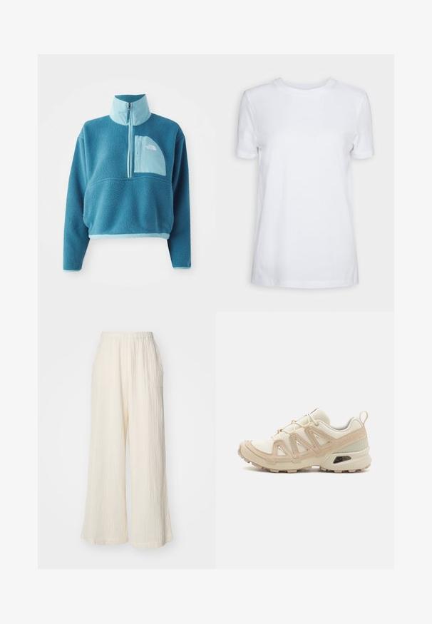 Kék bolyhos pulóver részleges cipzárral, magas gallérral és elülső zsebbel. Világosabb kék díszítéssel és szövet textúrával kiemelve.; Fehér, rövid ujjú, pamut póló. Kerek nyakkivágású, sima textúrával, látható minták vagy kiegészítők nélkül. Alap stílus.; Krém színű, bő szabású nadrág, mely texturált anyagból készült, rugalmas derékkal és két oldalsó zsebbel rendelkezik, függőleges bordázott mintával.; Beige és krém színű sportcipő, texturált hálós felsőrésszel, támogató burkolattal és gumitalppal, amely tapadás érdekében bordázott mintázattal rendelkezik.