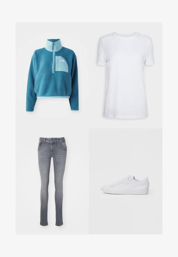 Kék bolyhos pulóver részleges cipzárral, magas gallérral és elülső zsebbel. Világosabb kék díszítéssel és szövet textúrával kiemelve.; Fehér, rövid ujjú, pamut póló. Kerek nyakkivágású, sima textúrával, látható minták vagy kiegészítők nélkül. Alap stílus.; Szürke farmernadrág, slim fit szabással, öt zsebes dizájnnal és gombos zárással. Finom kopással és klasszikus egyenes lábszámmal rendelkezik.; Fehér, alacsony szárú Puma sneaker, fűzős elülső résszel, diszkrét logóval az oldalon és a talpon, sima szintetikus felsőrésszel, amely laza viselethez készült.