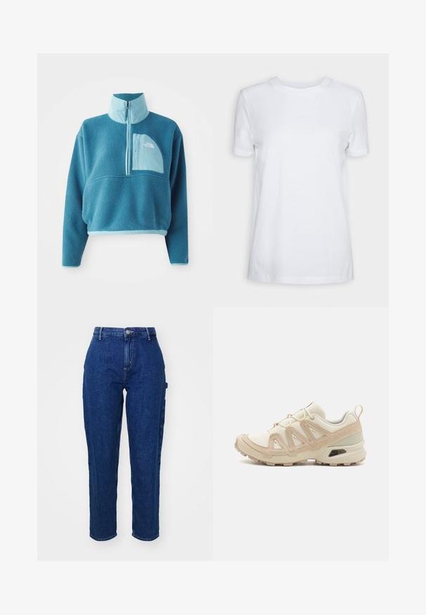 Blue fleece pullover with a partial zip, high collar, and a front pocket. Accented with a lighter blue trim and a fabric texture.; White short-sleeve t-shirt made of cotton. Crew neck design with a smooth texture and no visible patterns or accents. Basic style.; Dark blue denim jeans with a high waist, straight-leg cut, front button closure, and side pockets. Smooth texture with a slight stretch.; Beige and cream athletic shoe with textured mesh upper, supportive overlays, and rubber outsole featuring a tread pattern for traction.