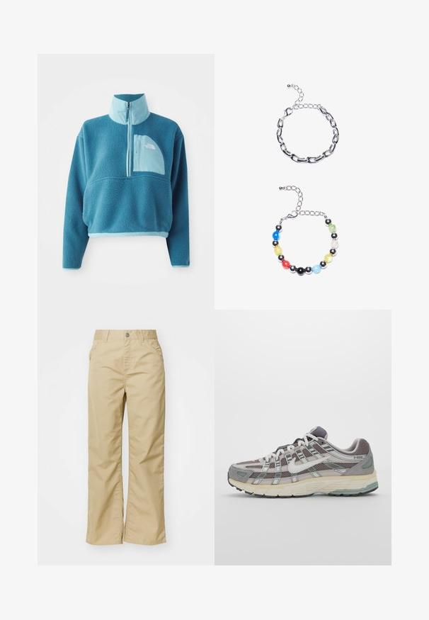 Blue fleece pullover with a partial zip, high collar, and a front pocket. Accented with a lighter blue trim and a fabric texture.; White short-sleeve t-shirt made of cotton. Crew neck design with a smooth texture and no visible patterns or accents. Basic style.; Beige cotton wide-leg trousers with a smooth texture, featuring front pockets and a silver button at the waistband.; Gray athletic shoe featuring a mesh and suede upper, white accents, a cushioned sole, and a distinctive design with reflective elements.; Silver chain bracelet featuring elongated links above. Below, a colorful beaded bracelet with black, blue, green, yellow, red, and clear beads.