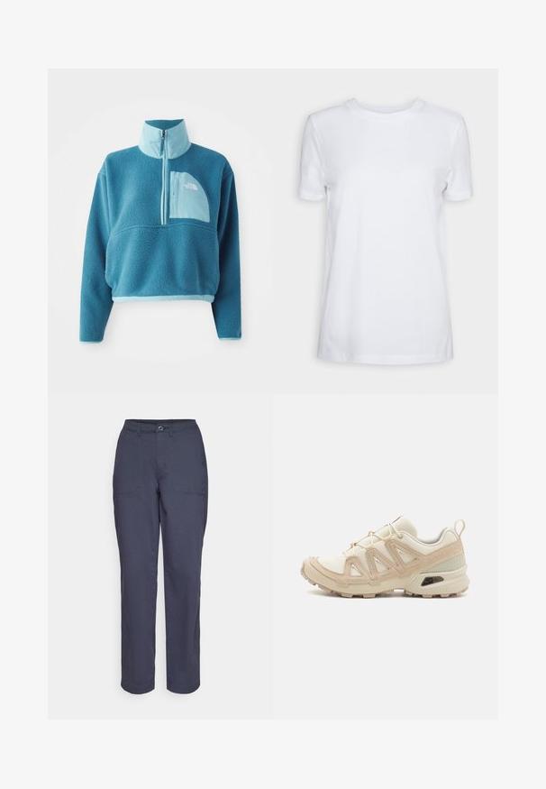 Pulever de polar azul com um fecho parcial, gola alta e bolso frontal. Accentado com um acabamento de azul mais claro e uma textura de tecido.; T-shirt branca de manga curta feita de algodão. Design de gola redonda com uma textura suave e sem padrões ou detalhes visíveis. Estilo básico.; Calças escuras em tom de marinho com um design de perna reta, feitas de um tecido suave. Apresentam dois bolsos frontais e um fecho de botão na cintura.; Sapatilha atlética beige e creme com parte superior em malha texturizada, sobreposições de suporte e sola de borracha com um padrão de cravo para tração.