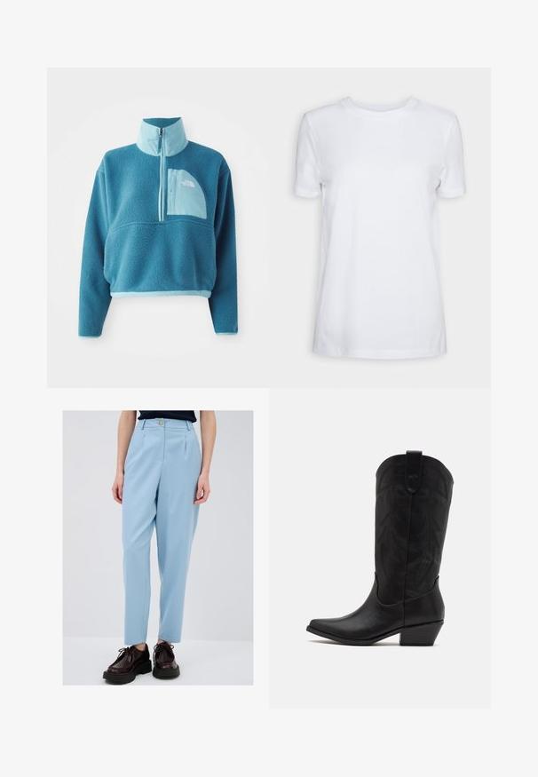 Niebieski polarowy półgolf z zamkiem błyskawicznym, wysokim kołnierzem i kieszenią z przodu. Akcentowany jaśniejszym niebieskim wykończeniem i teksturą materiału.; Biała koszulka z krótkim rękawem z bawełny. Klasyczny krój z gładką teksturą, bez widocznych wzorów czy akcentów. Styl podstawowy.; Jasnoniebieskie, dopasowane spodnie z plisami, z zapięciem na guzik i kieszeniami. Połączone z ciemnymi, sznurowanymi butami oraz ciemną górą.; Czarne skórzane kowbojskie buty z wydłużonym noskiem, niskim, szczotkowanym obcasem oraz misternym tłoczonym wzorem liści na cholewie. Pętla u góry ułatwiająca zakładanie.