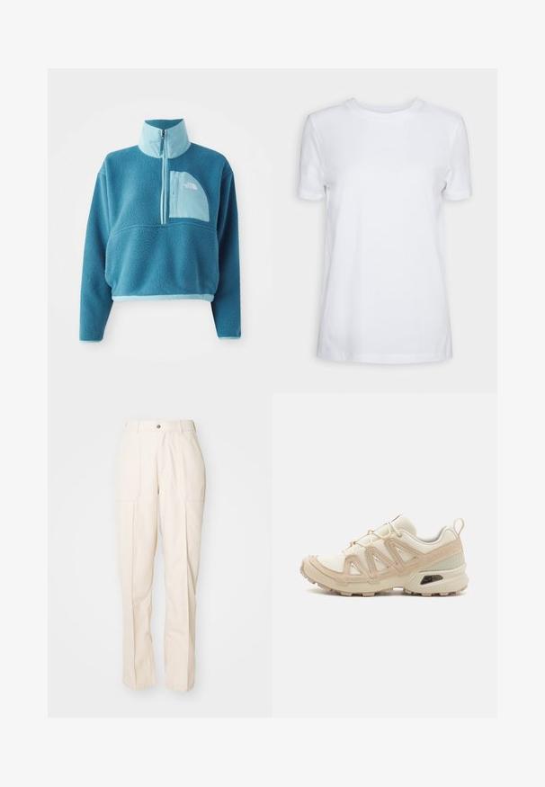 Sinine fliispullover, millel on osaline tõmblukk, kõrge krae ja eesmine tasku. Rikkalikult kergema sinise äärisega ja kangatekstuuriga.; Valge lühikeste varrukatega T-särk, mis on valmistatud puuvillast. Ümmargune kaelus, sile tekstuur ja ilma nähtavate mustrite või aktsentideta. Üksikasjalik stiil.; Beez, sirged püksid, mis on valmistatud puuvilla segunemisest. Omavad kahte esist taskut, nööbiga sulgemist ja silmapaistvate õmbluste detaile.; Beež ja koobalti spordijalats tekstureeritud võrkkattega, toetavad ülemised kihid ja kummist tallaga, millel on mustriga joonistus haardeks.