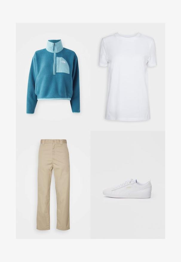 Kék bolyhos pulóver részleges cipzárral, magas gallérral és elülső zsebbel. Világosabb kék díszítéssel és szövet textúrával kiemelve.; Fehér, rövid ujjú, pamut póló. Kerek nyakkivágású, sima textúrával, látható minták vagy kiegészítők nélkül. Alap stílus.; Beige színű pamut chino nadrág, egyenes lábformával, gombos zárással és övhurkokkal. Simább textúra, látható minták vagy díszítések nélkül.; Fehér, alacsony szárú Puma sneaker, fűzős elülső résszel, diszkrét logóval az oldalon és a talpon, sima szintetikus felsőrésszel, amely laza viselethez készült.