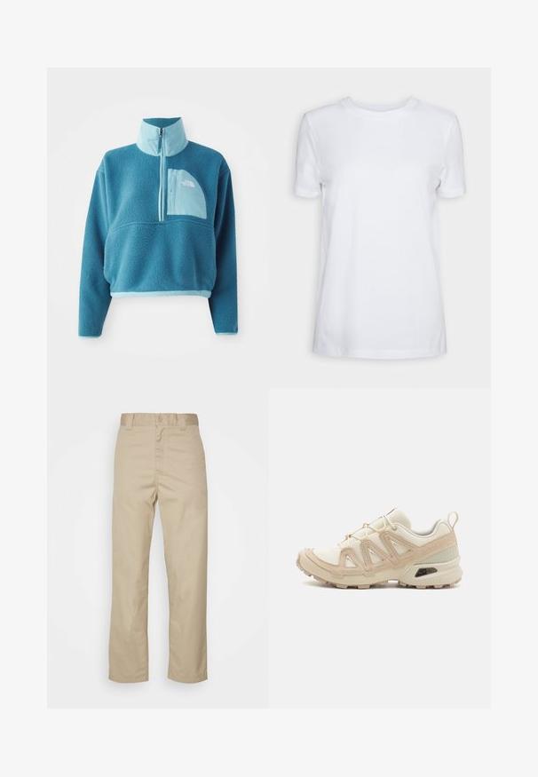 Sinine fliispullover, millel on osaline tõmblukk, kõrge krae ja eesmine tasku. Rikkalikult kergema sinise äärisega ja kangatekstuuriga.; Valge lühikeste varrukatega T-särk, mis on valmistatud puuvillast. Ümmargune kaelus, sile tekstuur ja ilma nähtavate mustrite või aktsentideta. Üksikasjalik stiil.; Beežid puuvillased chinos otse lõikega, nööbiga kinnitamine ja vöökohad. Sujuv tekstuur ja nähtamatud mustrid või aktsendid.; Beež ja koobalti spordijalats tekstureeritud võrkkattega, toetavad ülemised kihid ja kummist tallaga, millel on mustriga joonistus haardeks.