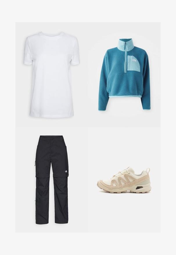 Modrý fleecový pulóver s čiastočným zipsom, vysokým golierom a prednou vreckom. Ozdobený svetlejším modrým lemovaním a textúrou látky.; Biele tričko s krátkym rukávom vyrobené z bavlny. Dizajn s okrúhlym výstrihom, s hladkou textúrou a bez viditeľných vzorov alebo akcentov. Základný štýl.; Čierne nylonové cargo nohavice s odnímateľnými nohavicami, nastaviteľnými manžetami, viacerými vreckami a logom na pravej nohe. Hladká, ľahká textúra.; Beige a krémová športová obuv s textúrovaným sieťovým zvrškom, podporujúcimi prekrytiami a gumovou podrážkou s dezénom pre trakciu.