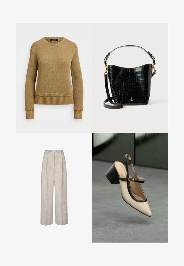 Barna kötött pulóver kerek nyakkal, bordás mandzsettákkal és alsó szegéllyel. A vállakon és az alsó szegélynél texturált részletekkel rendelkezik.; Világosszürke, magas derekú nadrág, texturált anyagból, széles lábakkal és két elülső plisszével. Elülső gombos záródással és öv húzókkal rendelkezik.; Bézs, hegyes orrú, magas sarkú pántos cipő fekete szegéllyel és csattos részlettel. Matt felületű, sima anyagból készült, közepes vastagságú blokkos sarokkal.; Fekete krokodil bőrhatású táska ívelt formával, arany színű fémalkatrészekkel, állítható pánttal és logó részlettel elöl.
