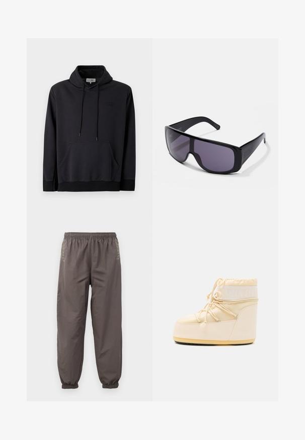Sort hættetrøje lavet af blød stof, med snoretræk i hætten, frontlomme i kenguru-stil og ribbede manchetter og søm. Tekstureret logo detalje på brystet.; Mørkegrå, elastiske bukser med en afslappet pasform. Har samlede manchetter og subtil broderi på siderne. Letvægtsstof.; Lyse beige Moon Boot med rund tå, snørret lukning og tekstureret gummisål. Har hvid branding og glatte syntetiske materialer.; Sorte solbriller med en wraparound-design, mørkt tonede linser, glat plastikramme og diskret branding på bøjen.