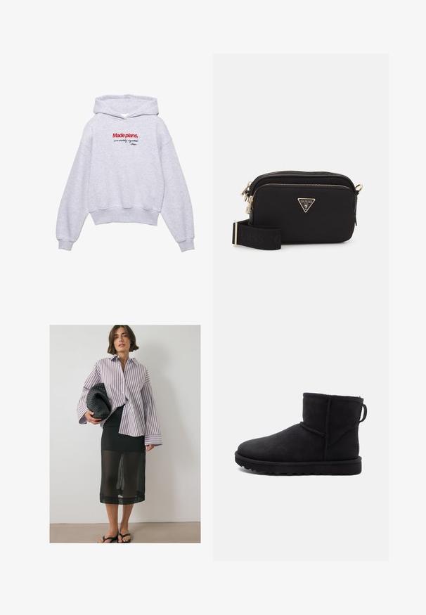 Hoodie gris cropped en matériau doux, avec un motif à l'avant comportant un texte rouge et noir. Finition avec une capuche et des poignets côtelés.; Chemise à rayures blanche et bordeaux. Jupe noire transparente superposée sur une base noire solide. Pochette tissée noire et sandales. ; Bottine en daim noir, à bout rond, doublée de shearling et avec une semelle en caoutchouc plate. Elle présente une couture latérale et une languette à l'arrière.; Sac en bandoulière noir en nylon avec un logo triangulaire doré, fermeture éclair, et une large sangle ajustable arborant le mot "GUESS" en noir.