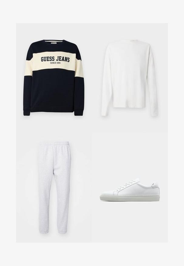 Laivastonhuppari, jossa on vaaleanruskea vaakaraita, sisältää "GUESS JEANS" -tekstin ja "SINCE 1981" -yksityiskohdan. Valmistettu pehmeästä puuvillamateriaalista.; Pitkähihaisesta valkoisesta puuvillapaidasta, jossa on pyöreä pääntie, sivuhaalareita alaosassa ja sileä pinta, näkyy takaa.; Vaaleanharmaat dressipöksyt, jotka on valmistettu pehmeästä puuvillasekoitteesta. Niissä on joustava vyötärö ja tiukat resorit nilkoissa. Ei näkyviä kuvioita tai logoja.; Valkoinen tennari, jossa on sileä nahkapäällinen ja matala profiili. Ominaisuuksiin kuuluu pyöreä kärki, kuusi rei'itystä ja teksturoitu kumipohja.