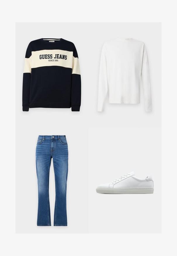 Sudadera de marina con raya horizontal beige, presenta el texto "GUESS JEANS" y el detalle "SINCE 1981". Fabricada en material de algodón suave.; Camisa de algodón blanca de manga larga con cuello redondo, aberturas laterales en la parte inferior y una textura suave, exhibida desde la parte de atrás.; Vaqueros acampanados de mezclilla en azul medio. Presentan un diseño de cinco bolsillos, detalles cosidos, un cierre de botón y una textura ligeramente desgastada en las piernas.; Zapatilla blanca con parte superior de cuero liso y perfil bajo. Presenta una puntera redondeada, seis ojales y una suela de goma texturizada.