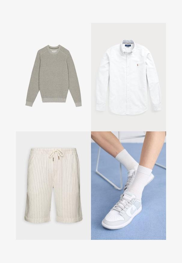 Gai pelēks adīts džemperis ar ribotām tekstūrām, apaļu kakla izgriezumu un garām piedurknēm. Vienkāršs dizains, elastīgas apakšmalas, minimāls noformējums.; Balta garām piedurknēm poga-krekla krekls, izgatavots no kokvilnas. Iespējojot izkliedētu apkakli, pogu aizdari un mazu izšūtu logotipu uz krūtīm.; Linu maisījuma šorti gaišā bežā krāsā ar smalkām vertikālām brūnām svītrām. Aprīkoti ar elastīgu jostiņu ar saites stiprinājumu un sarullētām apakšmalām.; Baltas apavums ar gaiši zilo akcentu, ādas virspusē, caurumiņiem purngalā, biezām auklām un ribotām baltām zeķēm uz zila fona.