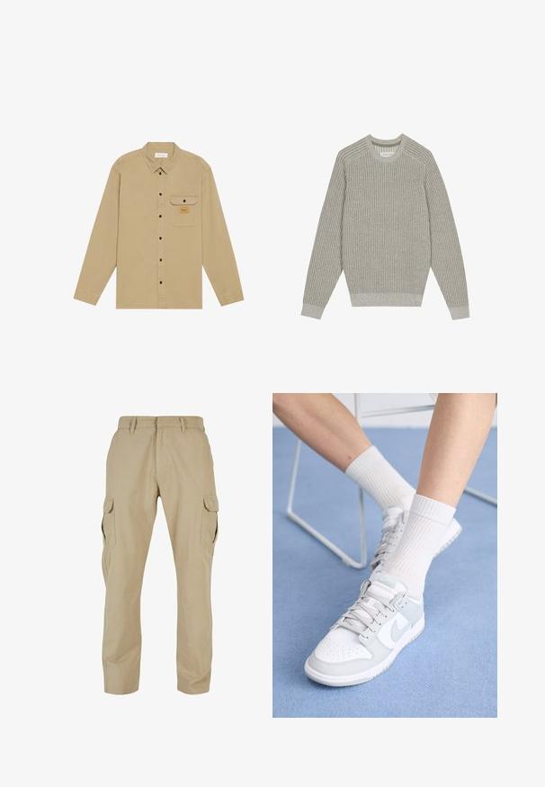 Pulover tricotat gri deschis cu textură canelată, guler rotund și mâneci lungi. Design simplu, tivuri elastice, detalii minime.; Cămașă bej cu mânecă lungă, realizată din bumbac, cu guler cu nasturi, nasturi negri, un buzunar pe piept și un etichetă branduită pe buzunar.; Pantaloni cargo bej realizați din twill de bumbac, cu multiple buzunare laterale, design cu picioare drepte și fermoar la braguă cu bucle pentru curea.; Sneakers albe cu accente bleu deschis, partea superioară din piele, vârf perforat, șireturi groase și șosete albe cu fandare, pe un fundal albastru.