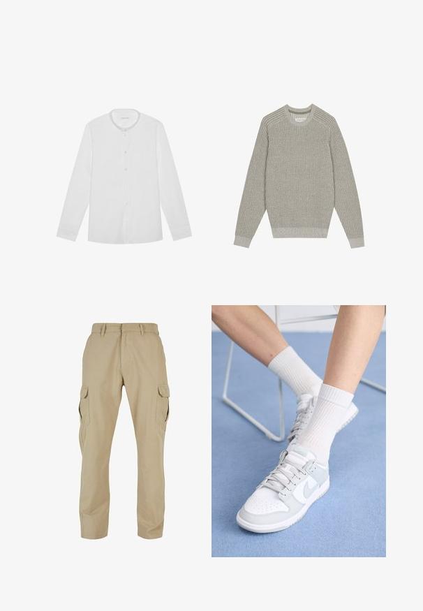 Vaaleanharmaa neulepaita, jossa on ribbikuviointi, pyöreä kaulus ja pitkät hihat. Yksinkertainen muotoilu, joustavat helmat, minimimekko.; Valkoinen pitkähihainen nappipaita mandariini-kauluksella ja yhdellä rintataskulla, aseteltuna tasaiselle taustalle.; Beige cargo-housut, jotka on valmistettu puuvillatwillistä, sisältävät useita sivutaskuja, suoran lahkeen muotoilun ja vetoketjukiinnityksen, jossa on vyölenkit.; Valkoiset tennarit vaaleansinisillä yksityiskohdilla, nahkainen yläosa, rei'itetty varvas, paksut nauhat ja ribattu valkoinen sukka sinistä taustaa vasten.