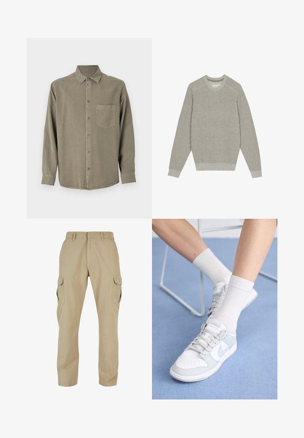 Svetle šedý pletený svetr s žebrovanou strukturou, kulatým výstřihem a dlouhými rukávy. Jednoduchý design, elastické lemy, minimální detaily.; Košile s dlouhým rukávem a knoflíky v olivově zelené barvě. Obsahuje náprsní kapsu, klasický límeček a manžety na knoflíky. Měkká struktura s uvolněným střihem.; Bílé triko z bavlny s krátkým rukávem, kulatým výstřihem, volným střihem a bez viditelných log či vzorů. Hladká textura a minimalistický design.; Beige cargo kalhoty vyrobené z bavlněného kepru, s několika bočními kapsami, rovný střih a zipovým zapínáním s poutky na opasek.; Bílé tenisky s světle modrými akcenty, kožený svršek, perforovaný špička, silné tkaničky a žebrované bílé ponožky na modrém pozadí.