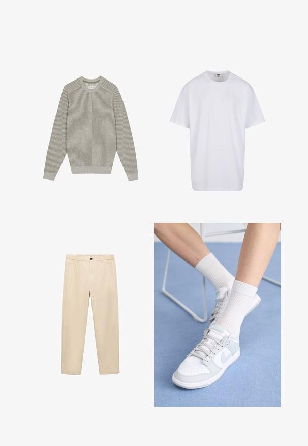 Lichtgrijze gebreide trui met ribbelstructuur, ronde hals en lange mouwen. Eenvoudig ontwerp, elastische onderranden, minimale details.; Witte katoenen t-shirt met korte mouwen, ronde hals, relaxte pasvorm en zonder zichtbare logo's of patronen. Gladde textuur en minimalistisch ontwerp.; Beige, casual broeken gemaakt van een zachte stof; heeft een elastische tailleband, zijzakken en een rechte pijp.; Witte sneakers met lichtblauwe accenten, leren bovenkant, geperforeerde neus, dikke veters en ribbelsokken in het wit tegen een blauwe achtergrond.
