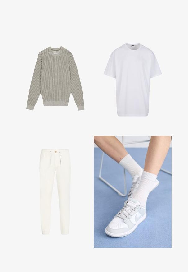 Svetlý šedý pletený sveter s rebrovanou textúrou, okrúhlym výstrihom a dlhými rukávmi. Jednoduchý dizajn, elastické lemy, minimálne detaily.; Biela bavlnená tričko s krátkymi rukávmi, okrúhlym výstrihom, uvoľneným strihom a žiadnymi viditeľnými logami alebo vzormi. Hladká textúra a minimálny dizajn.; Biele, ľahké nohavice vyrobené z jemnej tkaniny. Majú elastický pás s šnúrkou, zapínanie na gombík a rebrované manžety.; Biele tenisky s svetlomodrými akcentmi, kožený zvršok, perforovaná špička, hrubé šnúrky a rebrové biele ponožky na modrom pozadí.