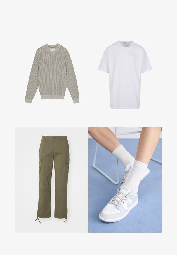 Gai pelēks adīts džemperis ar ribotām tekstūrām, apaļu kakla izgriezumu un garām piedurknēm. Vienkāršs dizains, elastīgas apakšmalas, minimāls noformējums.; Balta kokvilnas T-kreklu ar īsām piedurknēm, apaļu kakla izgriezumu, brīvu piegriezumu un bez redzamām logo vai rakstiem. Gluda tekstūra un minimālistisks dizains.; Olīvzaļas kravas bikses ar taisnu kāju dizainu, kurām ir divas sānu kabatas un regulējami sašaurinājumi pie apakšas. Izgatavotas no izturīgas auduma.; Baltas apavums ar gaiši zilo akcentu, ādas virspusē, caurumiņiem purngalā, biezām auklām un ribotām baltām zeķēm uz zila fona.