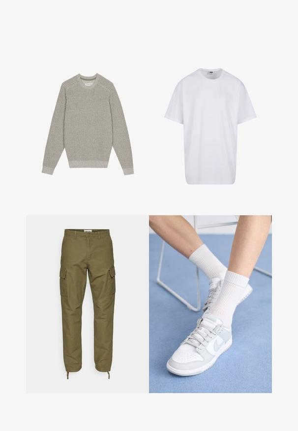Világosszürke kötött pulóver bordázott textúrával, kerek nyakkivágással és hosszú ujjakkal. Egyszerű dizájn, rugalmas szegélyek, minimális részletezés.; Fehér pamut póló rövid ujjal, kerek nyakú, laza szabású, és nincsenek látható logók vagy minták. Simább textúra és minimalista dizájn.; Olívazöld pamut cargo nadrág, két oldalzsebbel, húzózsinóros bokarészekkel és gombos derékzárral.; Fehér sportcipők világoskék részletekkel, bőr felsőrésszel, perforált orral, vastag fűzőkkel és bordázott fehér zoknikkal, kék háttér előtt.