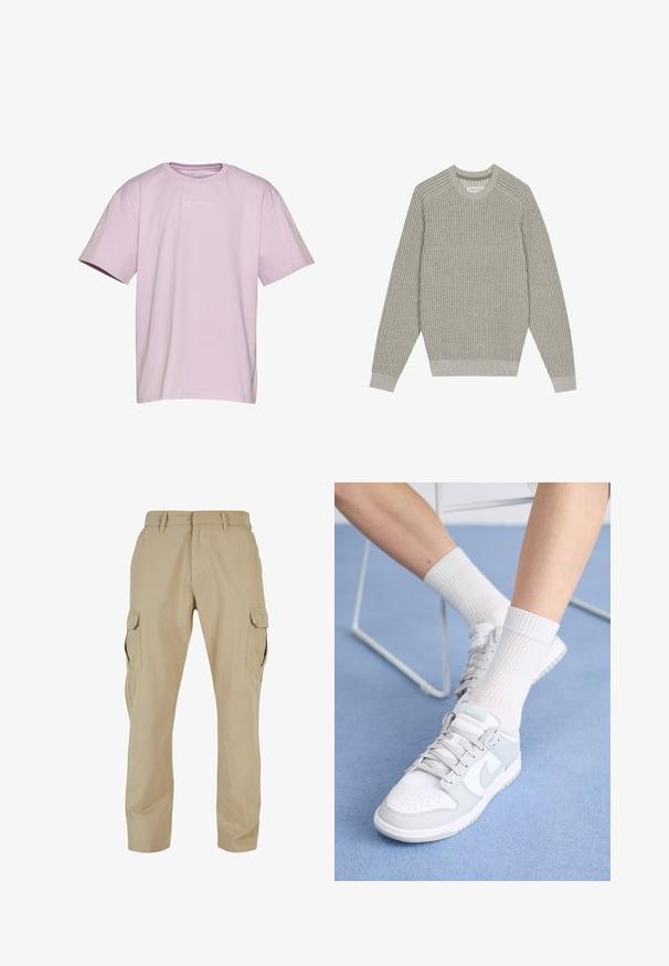 Gai pelēks adīts džemperis ar ribotām tekstūrām, apaļu kakla izgriezumu un garām piedurknēm. Vienkāršs dizains, elastīgas apakšmalas, minimāls noformējums.; Lila īsām piedurknēm t-krekls no kokvilnas, ar baltu logotipu uz krūtīm, ar brīvu piegriezumu un apaļu izgriezumu.; Beige kravas bikses, kas izgatavotas no kokvilnas twila, ar vairākiem sānu kabatām, taisnu kāju dizainu un rāvējslēdzēja jostiņu ar jostas cilpiņām.; Baltas apavums ar gaiši zilo akcentu, ādas virspusē, caurumiņiem purngalā, biezām auklām un ribotām baltām zeķēm uz zila fona.